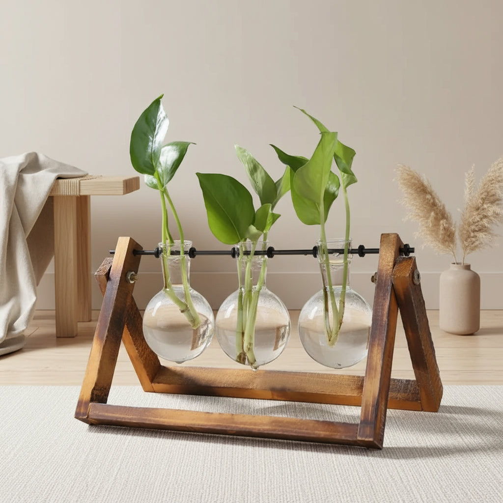 Glass Vase with Wooden Stand
