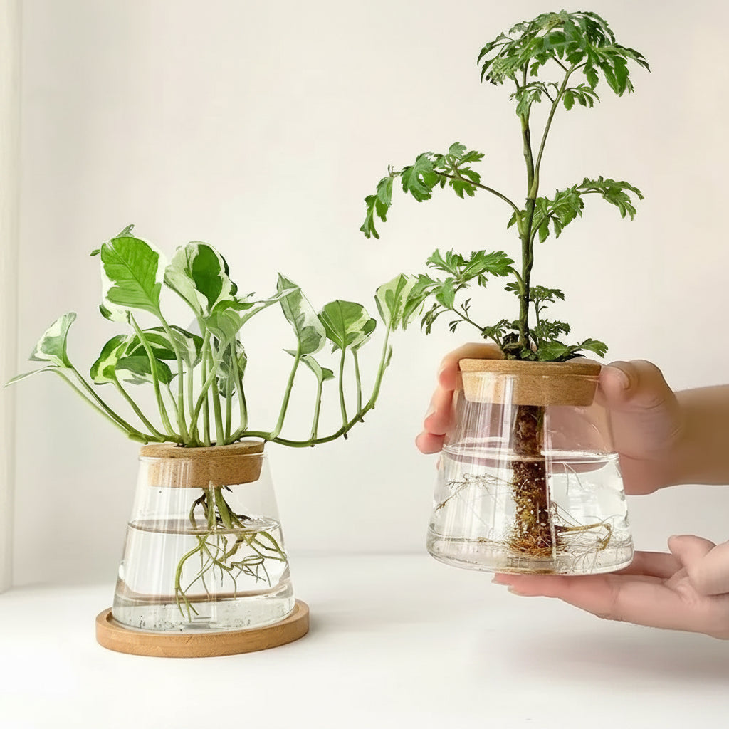 Hydroponic Glass Vase Transparent Flower Pot Plant Home Decor With Base Tray