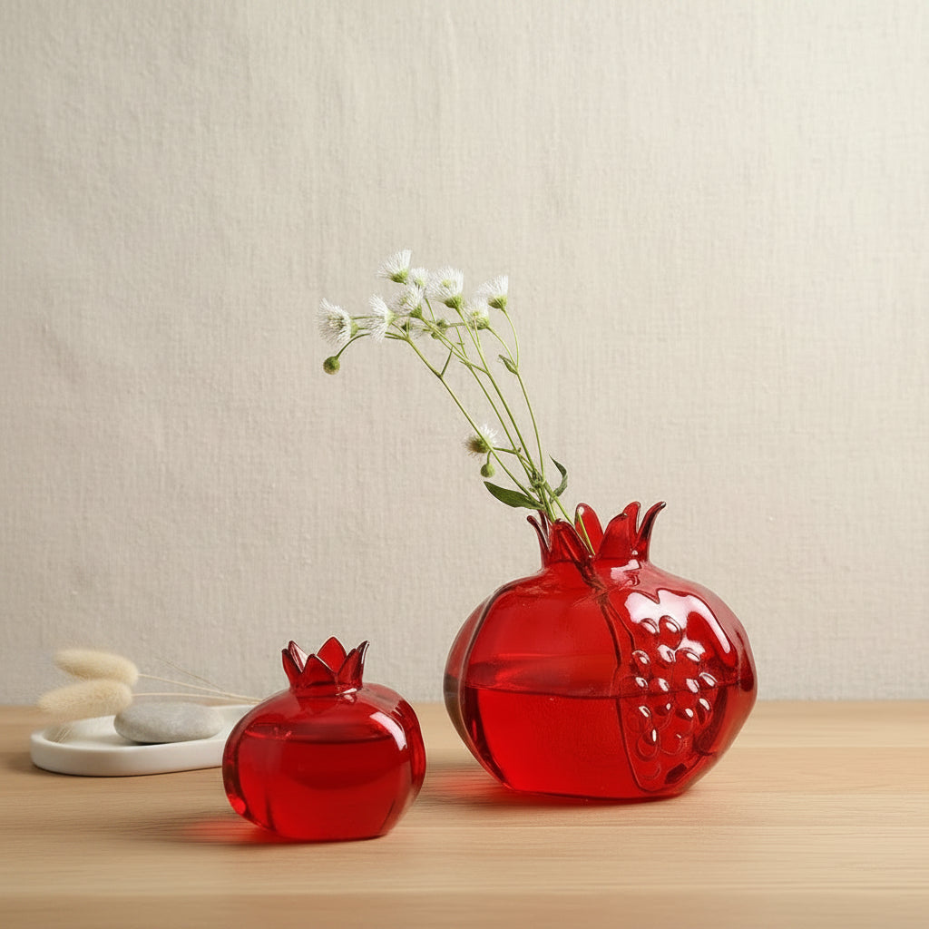 Mini Red Pomegranate Glass Vase Hand Blown Hydroponic Flower Planter Office Desk