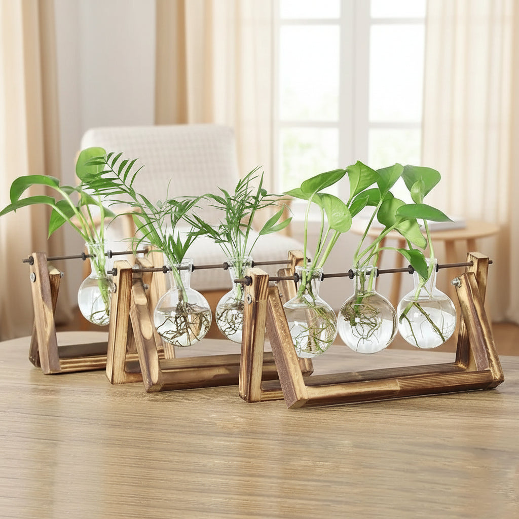 Glass Vase with Wooden Stand